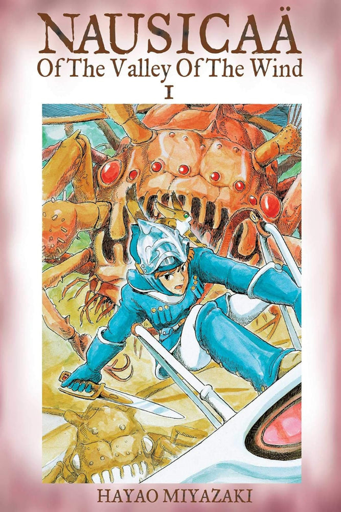 Book cover of 'Nausicaá of the Valley of the Wind' by Hayao Miyazaki with a character and giant insect illustration.